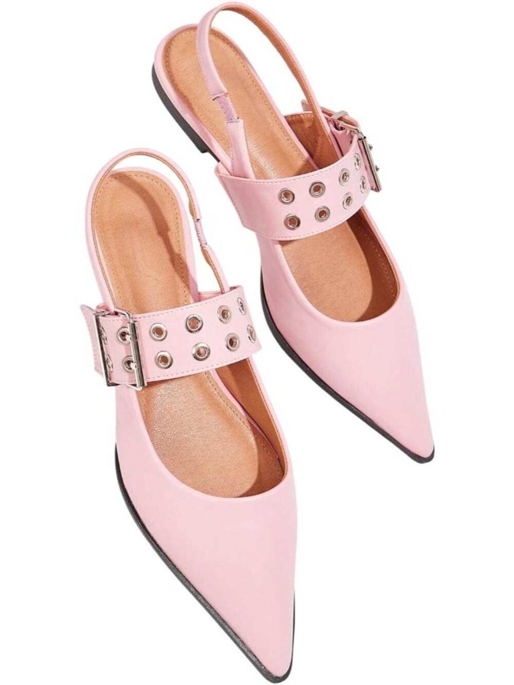 Women's Pink Leather Buckled Straps Pointed Toe Slingback Flat Ballerina Shoes